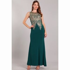 SEXY Sleeveless Forest Green Gold Lace Dress